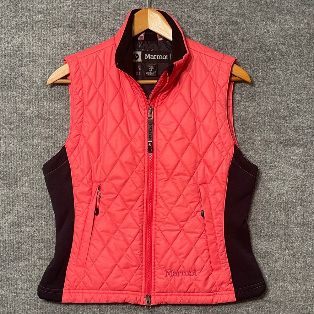 Marmot Quilted Vest Women's Pink Black Side Panels Full Zip Size Small